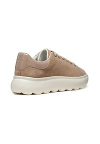 Sneaker in suede beige con suola liscia di colore chiaro, con occhielli dorati, una silhouette elegante e un accento lucido sul tallone.
