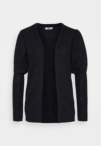 Černý pletený cardigan s otevřeným předním dílem, s texturovanou tkaninou, mírně nabranými rukávy a volným střihem. Obsahuje štítek na límci.