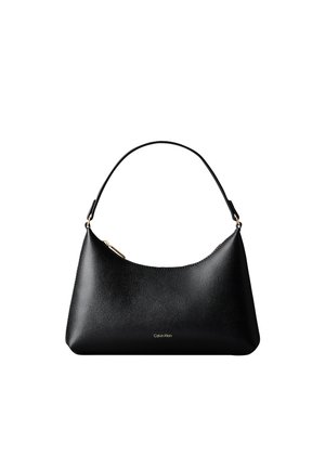 Sac à main en cuir noir Calvin Klein avec une anse courte et une fermeture éclair dorée, présenté sur fond blanc.