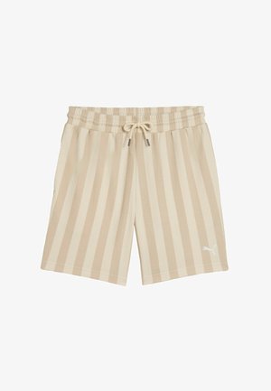 Shorts à rayures verticales beige et beige clair avec taille élastique, cordon de serrage et petit logo Puma blanc sur la partie inférieure de la jambe droite.