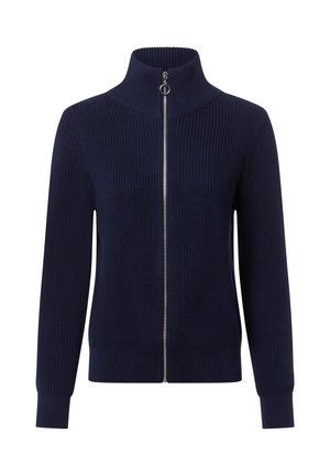 Marineblauwe ritstrui met een hoge kraag, ribbeltextuur, lange mouwen en zilveren ritsdetail. Geen extra patronen of accenten.