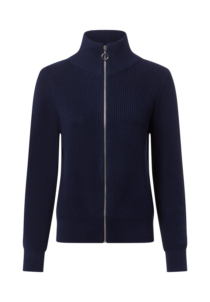 Granatowy sweter z zamkiem błyskawicznym i wysokim kołnierzem, o prążkowanej fakturze, z długimi rękawami i srebrnym detalem zamka. Brak dodatkowych wzorów lub akcentów.