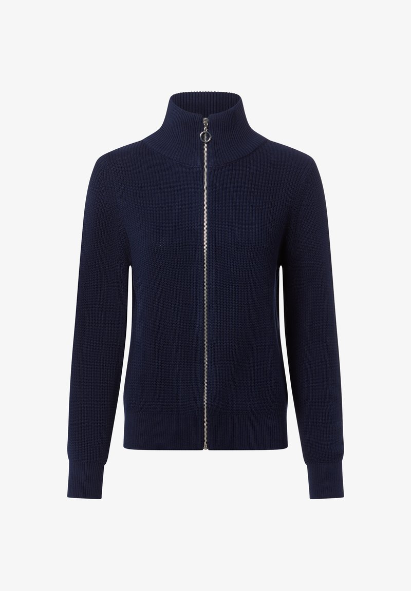 Granatowy sweter z zamkiem błyskawicznym i wysokim kołnierzem, o prążkowanej fakturze, z długimi rękawami i srebrnym detalem zamka. Brak dodatkowych wzorów lub akcentów.