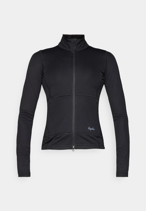 Zwarte fietsjack met een hoge kraag, volledige ritssluiting en lange mouwen. Voorzien van platte naden en een subtiele logo aan de linkerzijde.