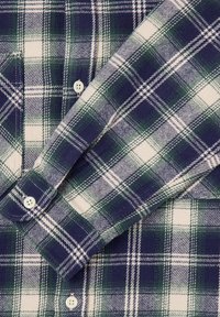 Camicia in flanella verde e blu a scacchi con accenti bianchi, dotata di colletto button-down e due bottoni sui polsini. Texture morbida.