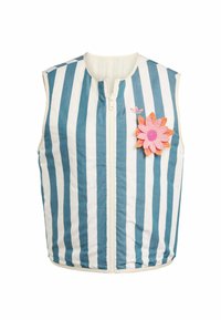 Striped sleeveless vest in blue and white fabric, featuring a front zipper and a pink flower appliqué on the left side.
