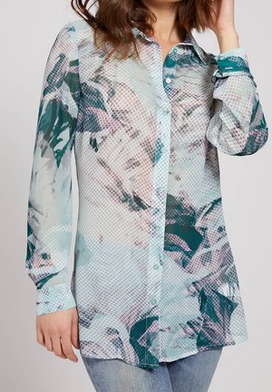 Langärmlige Bluse aus leichtem, durchsichtigem Stoff mit einem mehrfarbigen, abstrakten Druck in Punkten und einer Knopfleiste.