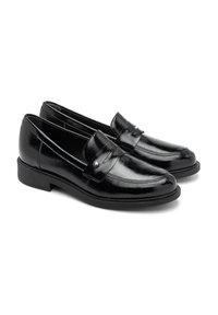 Black patent leather loafers with a rounded toe, decorative stitching, and silver hardware accent. Flat rubber sole and smooth texture.