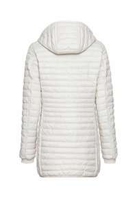 Witte gewatteerde jas met capuchon, voorzien van verticale stiksels, geribbelde manchetten en een rechte zoom. Lichtgewicht en gladde textuur.