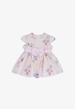 Blomstrete kjole i blødt pink stof, med korte ærmer, en samlet skørt og en front sløjfe accent lavet af matchende pink satinbånd.