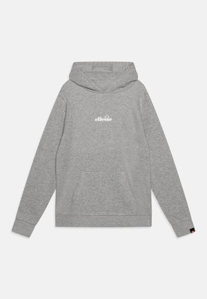Sweatshirt à capuche gris avec une poche frontale. Présente un logo blanc sur la poitrine et des poignets et un ourlet côtelés. Fabriqué en tissu texturé.