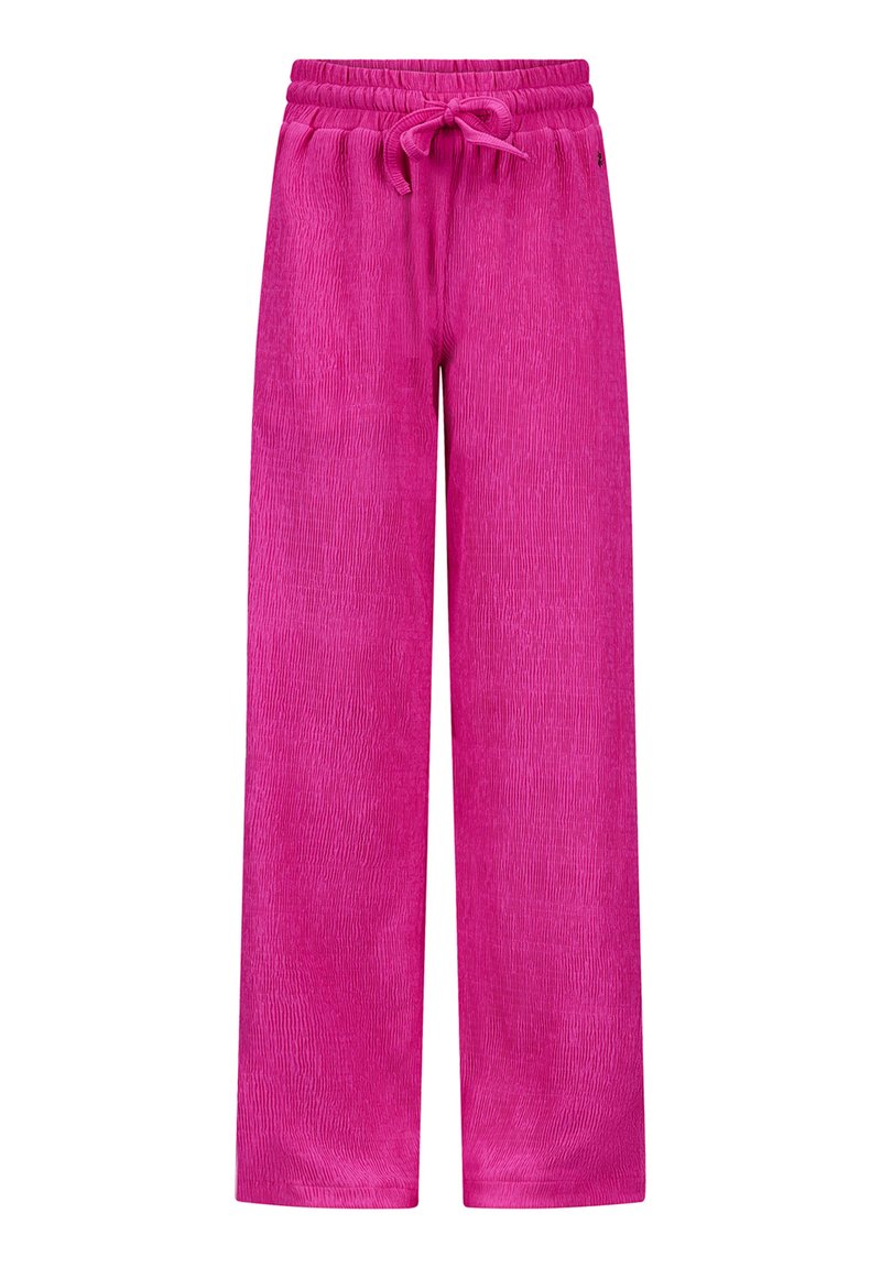 Roze wijde broek van textuurstof, met een elastische tailleband en trekkoordsluiting. Gladde afwerking en ontspannen pasvorm.