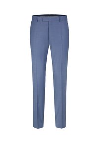 Pantalon sur mesure bleu clair avec une texture lisse, devant plat et jambes droites. Comprend une taille avec passants de ceinture et une fermeture éclair.