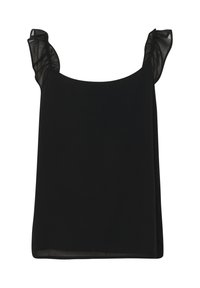 Top negru fără mâneci cu bretele transparente învolburate, material neted, croială lejeră și tiv drept fără embellishments.