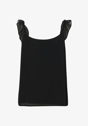 Musta hihaton paita, jossa on röpelöiset läpinäkyvätolkaimet, sileä kangas, väljä malli ja suora helma ilman koristeita.