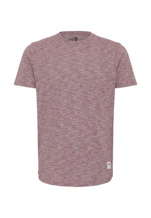 T-shirt à col rond à manches courtes en tissu tricoté bordeaux chiné, présentant une texture subtile et une petite étiquette en bas à gauche.