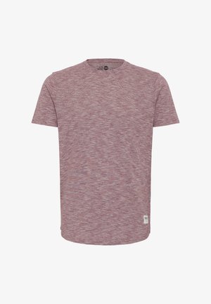 T-shirt à col rond à manches courtes en tissu tricoté bordeaux chiné, présentant une texture subtile et une petite étiquette en bas à gauche.