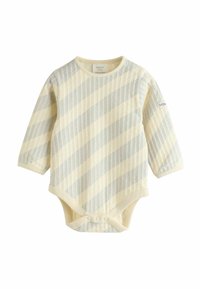 Detský bodysuit s dlhým rukávom v svetložltej farbe s šedými diagonálnymi pruhmi. Má štruktúrovanú látku a patentky na spodnej časti.