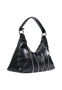 Bolso de manos de cuero sintético negro con forma triangular, que presenta tres cremalleras plateadas y una correa de hombro plana.