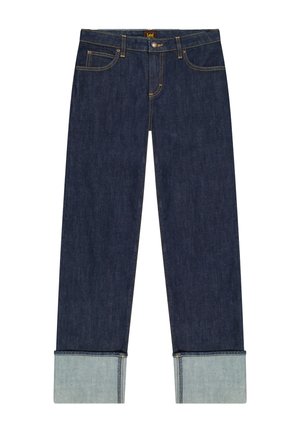 Jeans in denim blu scuro con orli ripiegati, bottone e cerniera frontale, cinque tasche e cuciture a contrasto gialle.