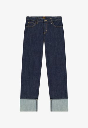 Ciemnoniebieskie dżinsy z denimu z podwiniętymi mankietami, z przodu zapinane na guzik i suwak, z pięcioma kieszeniami i żółtym kontrastowym przeszyciem.