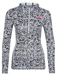 Långärmad idrottströja i svart och vitt kamouflagemönster, med halvdragkedja och rosa logotyp på bröstet. Tillverkad av stretchigt material.