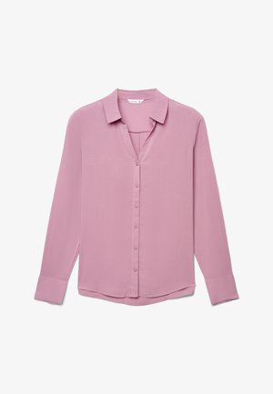 Blusa malva a maniche lunghe con colletto, chiusura frontale con bottoni e polsini, stesa su sfondo bianco.