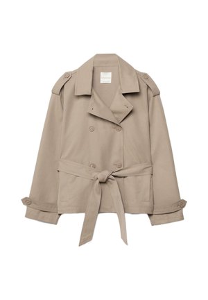 Trench coat beige corto con bottoni doppiopetto, spalline, vita con cintura e polsini con bottoni.
