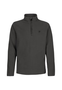 Grijze fleece sweater met een hoge kraag, half-rits aan de voorkant en een klein logo op de borst. Zachte textuur, lange mouwen en rechte zoom.