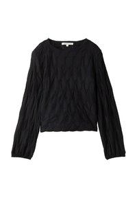 Schwarzes Langarmoberteil mit einem aufwendigen, rautenförmigen Texturmuster, rundem Ausschnitt und elastischen Bündchen; aus leichtem Stoff gefertigt.