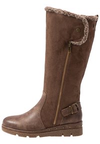 Brązowy zimowy but do połowy łydki z bocznym zamkiem, sztucznym futrem, ozdobnym paskiem z klamrą i teksturowaną podeszwą.