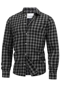 Czarna i szara flanelowa koszula w kratę z długimi rękawami, zapinana na guziki z klasycznym kołnierzem. Charakteryzuje się miękką teksturą i subtelną metką marki.