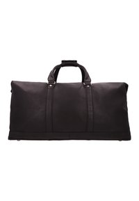 Sort læder rejsetaske med dobbelte håndtag, blød tekstur og sølvhardware accenter. Har et rummeligt design med struktureret form.