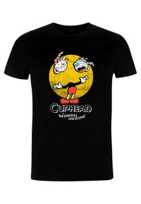 Schwarzes Baumwoll-T-Shirt mit einem grafischen Druck von zwei Cartoon-Charakteren auf einem gelben kreisförmigen Hintergrund; darunter der Text "Cuphead".