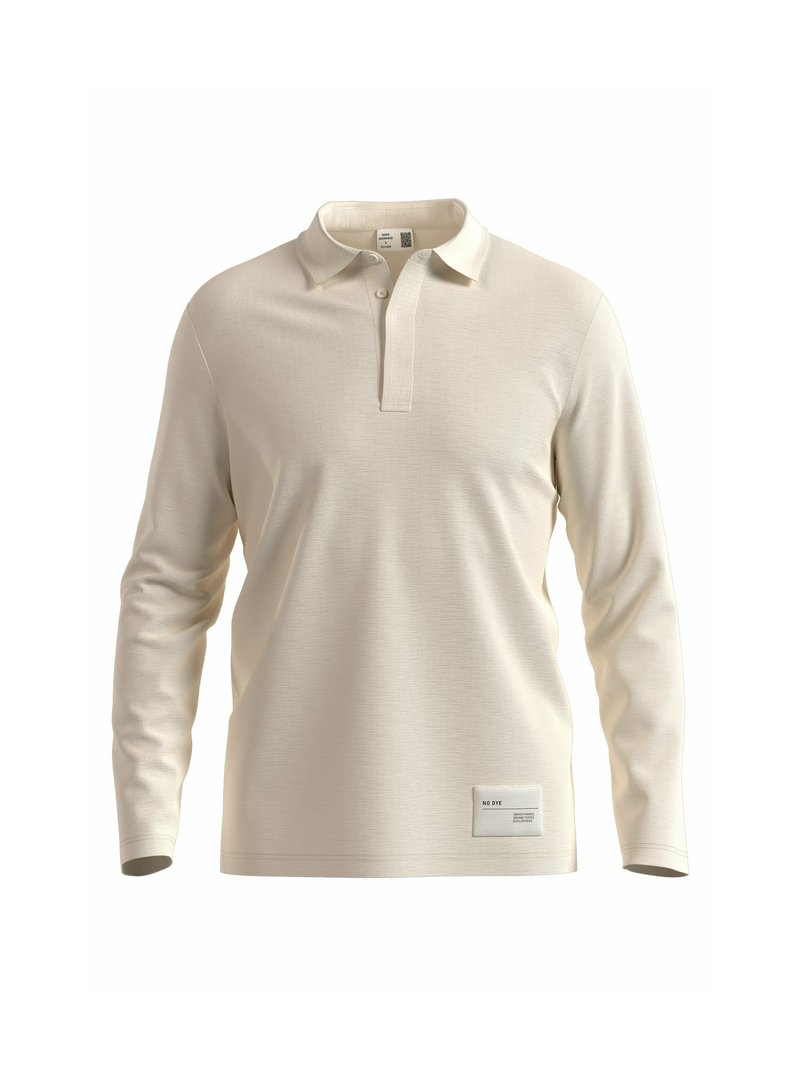 Polo a maniche lunghe in bianco sporco, realizzato in tessuto testurizzato, con un colletto a tre bottoni e un'etichetta rettangolare sul lato sinistro in basso.