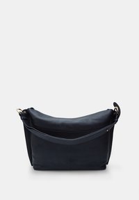 Black leather shoulder bag with a soft, textured finish. Features a slightly curved top, adjustable strap, and subtle gold hardware accents.