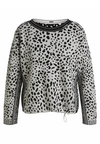 Szary sweter z czarnym printem w panterę, czarnym paskiem na dekolcie i tekstowymi akcentami "LOVE" i "PEACE". Posiada sznurek w dolnej części.