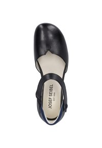 Schwarzer Lederschuh mit rundem Zehenbereich und Knöchelriemen. Besitzt eine hellfarbige Innensohle mit Branding. Glatte Textur und schlichtes Design.