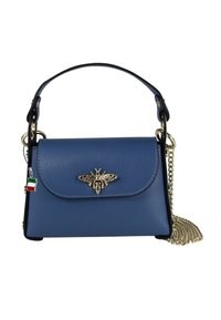 Blauwe leren handtas met een gouden bij-embleem, bovenhandvat en afneembare kettingriem. Heeft een textuur oppervlak en een charm in de vorm van de Italiaanse vlag.