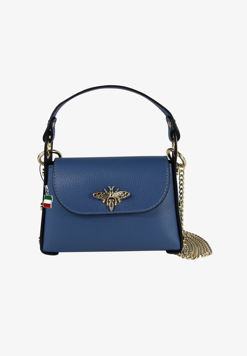 Blauwe leren handtas met een gouden bij-embleem, bovenhandvat en afneembare kettingriem. Heeft een textuur oppervlak en een charm in de vorm van de Italiaanse vlag.