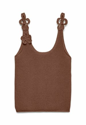 Top marrón de crochet sin mangas con escote redondo y lazos florales decorativos en las tiras de los hombros.