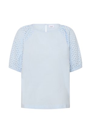 Blouse bleu clair avec manches ballon perforées et encolure ronde, dotée d'une fermeture éclair au dos.