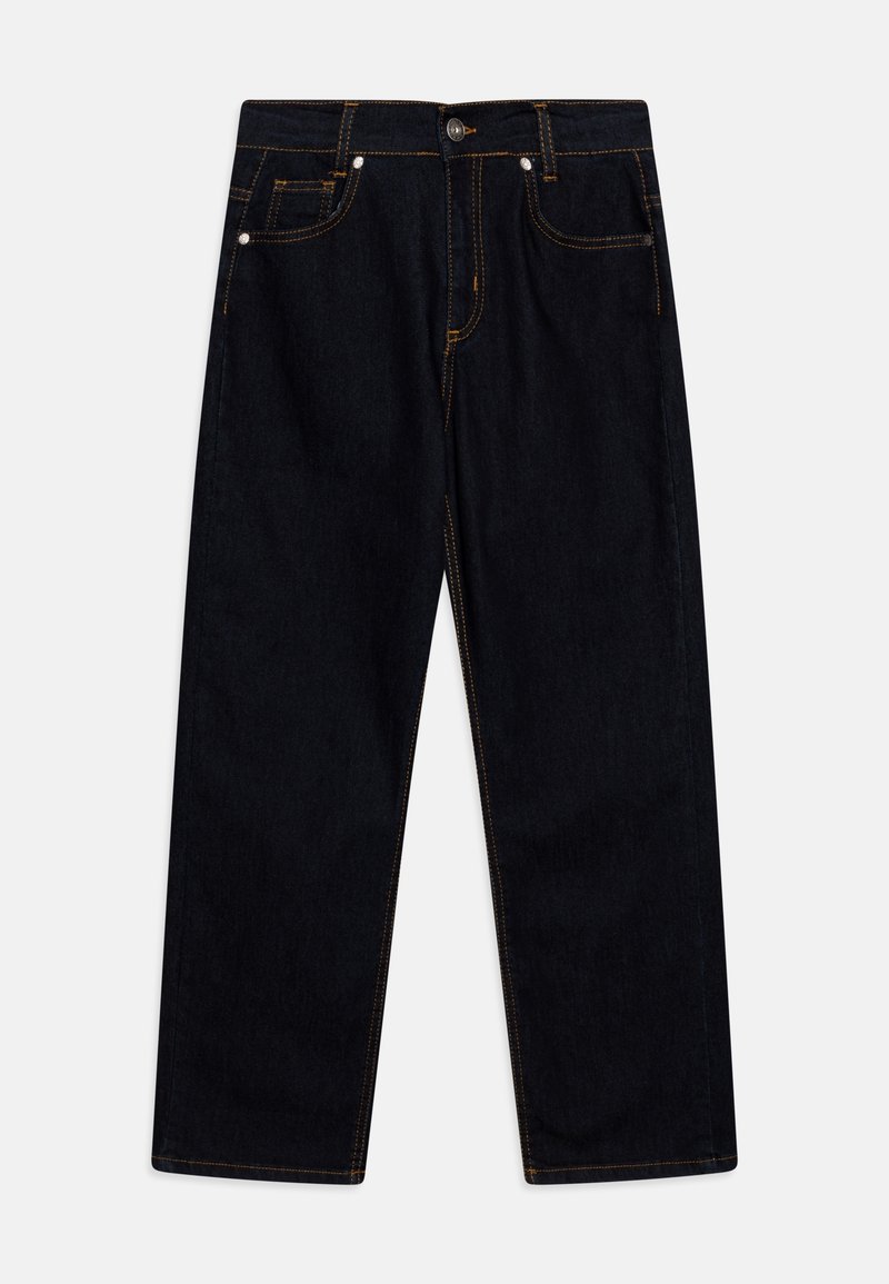 Dunkelblaue Jeans aus Denim im geraden Schnitt, mit orangefarbenen Nähten, Fünf-Taschen-Design und Metallknopfverschluss an der Taille.