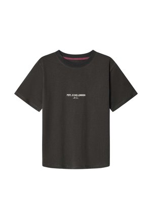 Zwart T-shirt met korte mouwen en ronde hals met klein wit "Pepe Jeans London" tekstlogo gecentreerd op de borst.