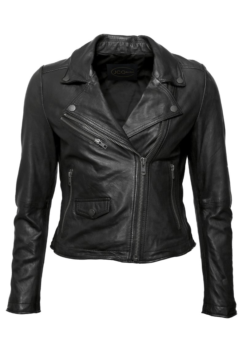 Schwarze Leder-Motorradjacke mit einem geschlitzten Kragen, asymmetrischen Reißverschlüssen und Reißverschluss-Taschen. Glatte Textur mit figurschmeichelndem Design.