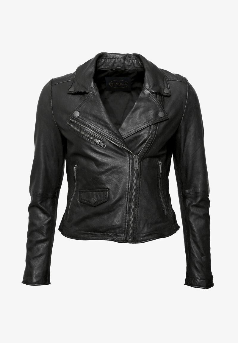 Schwarze Leder-Motorradjacke mit einem geschlitzten Kragen, asymmetrischen Reißverschlüssen und Reißverschluss-Taschen. Glatte Textur mit figurschmeichelndem Design.