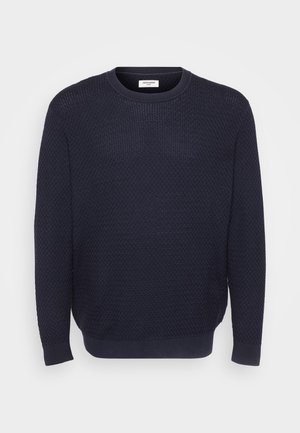 Navy blauer Strickpullover mit strukturiertem Muster, Rundhalsausschnitt und gerippten Bündchen sowie Saum. Hergestellt aus weichem, dehnbarem Material.