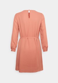 Vestido rosa claro com mangas longas, uma cintura ajustada e um detalhe em forma de buraco nas costas. Feito de um tecido suave, com uma textura macia.