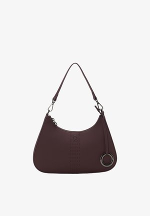 Sac à main en cuir bordeaux avec une silhouette incurvée, une poignée supérieure, un anneau décoratif et des détails de couture verticale.