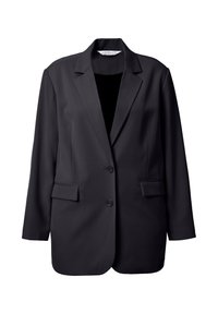 Černý blazer s klopovými límci, na jedno knoflíkové zapínání a se dvěma předními kapsami. Vyrobeno z lehkého materiálu s hladkou texturou.